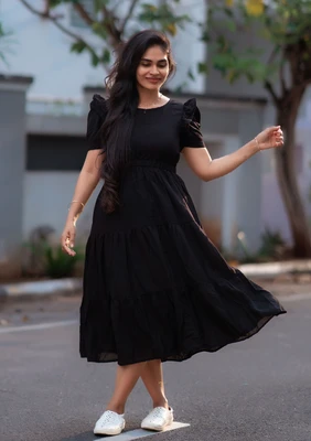 Solid Black Rayon Midi dress