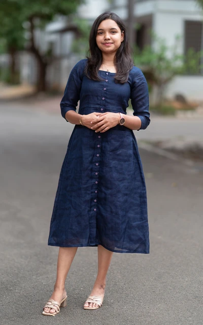 Navy Front-Slit Casual Midi