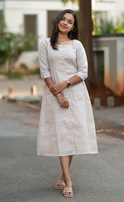 Cream Front-Slit Casual Midi