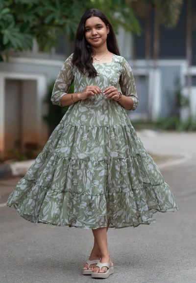 Minted Foilage Chiffon Midi