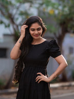 Solid Black Rayon Midi dress