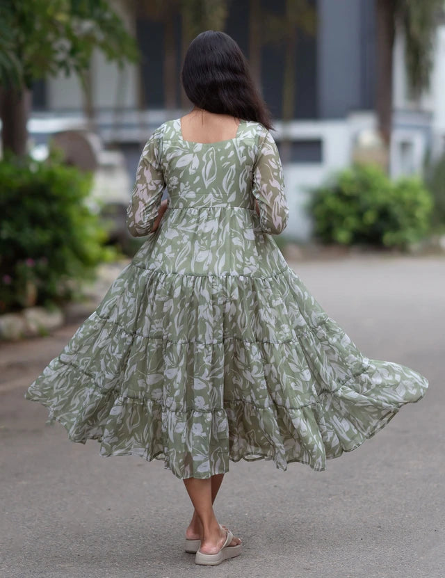 Minted Foilage Chiffon Midi