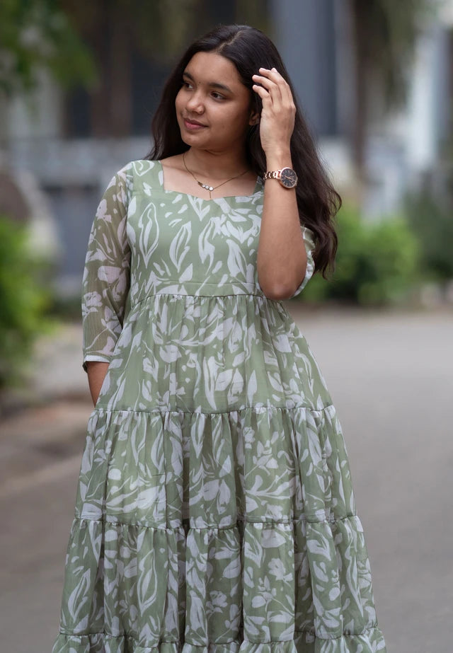 Minted Foilage Chiffon Midi