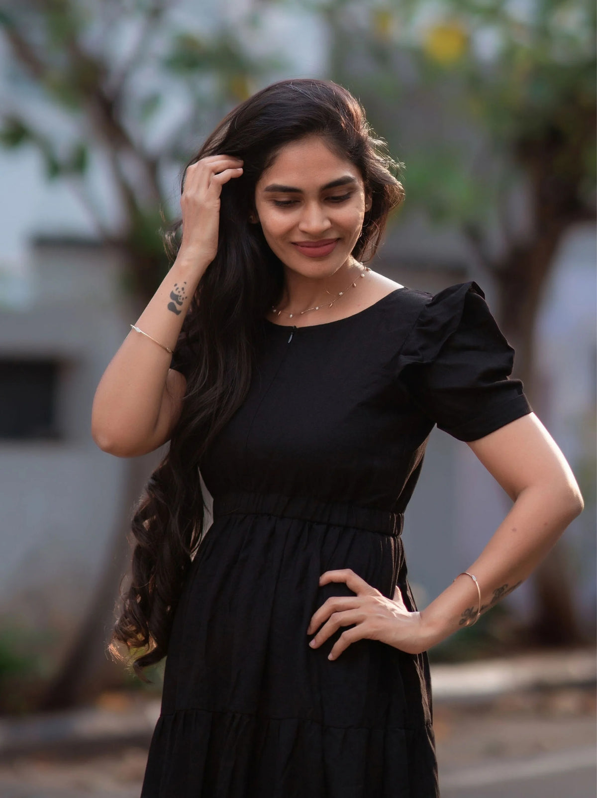 Solid Black Rayon Midi dress