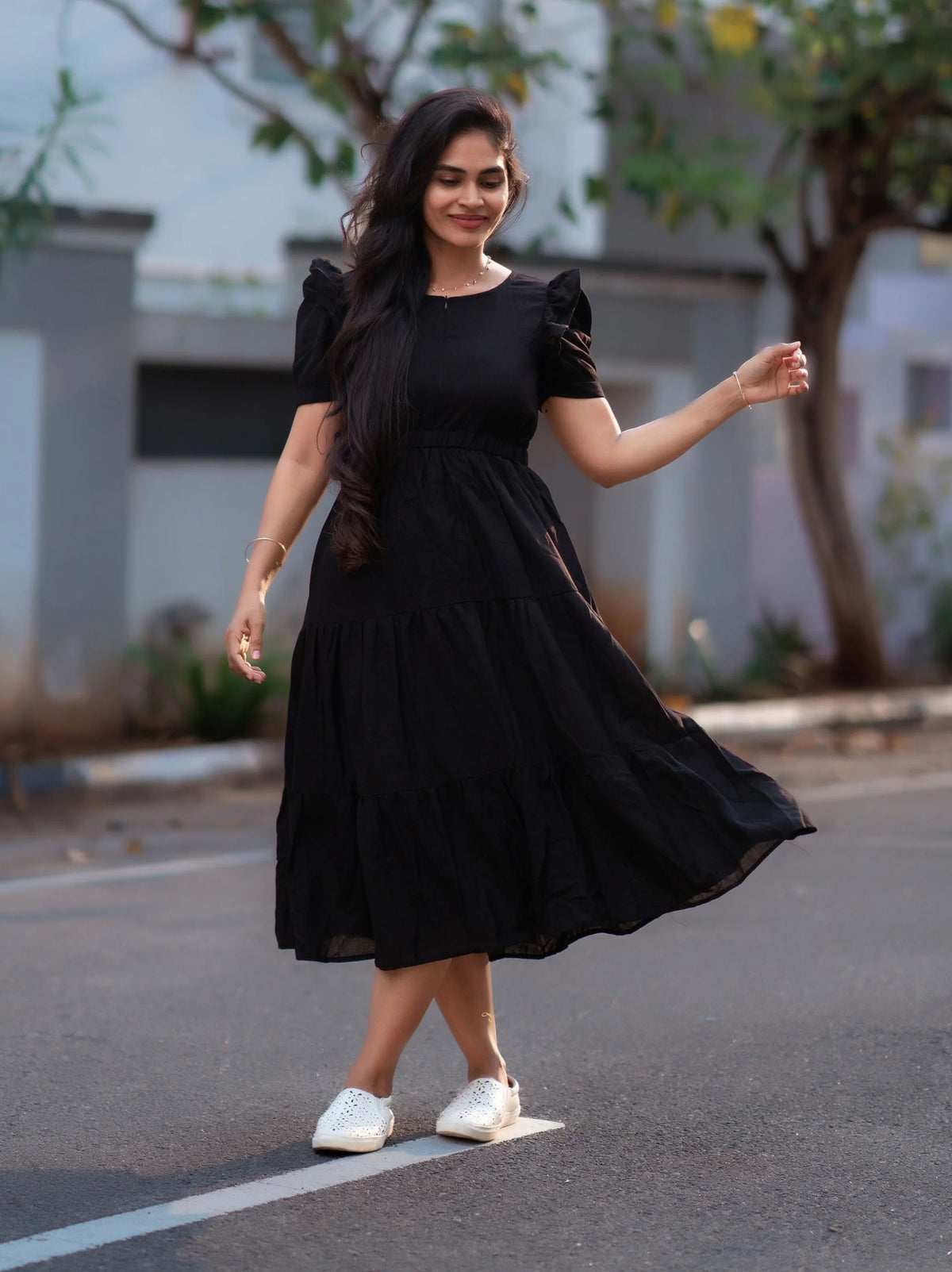 Solid Black Rayon Midi dress