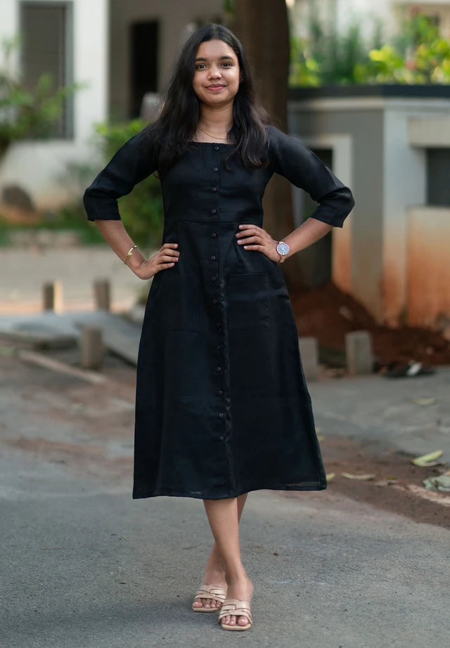 Black Front-Slit Casual Midi