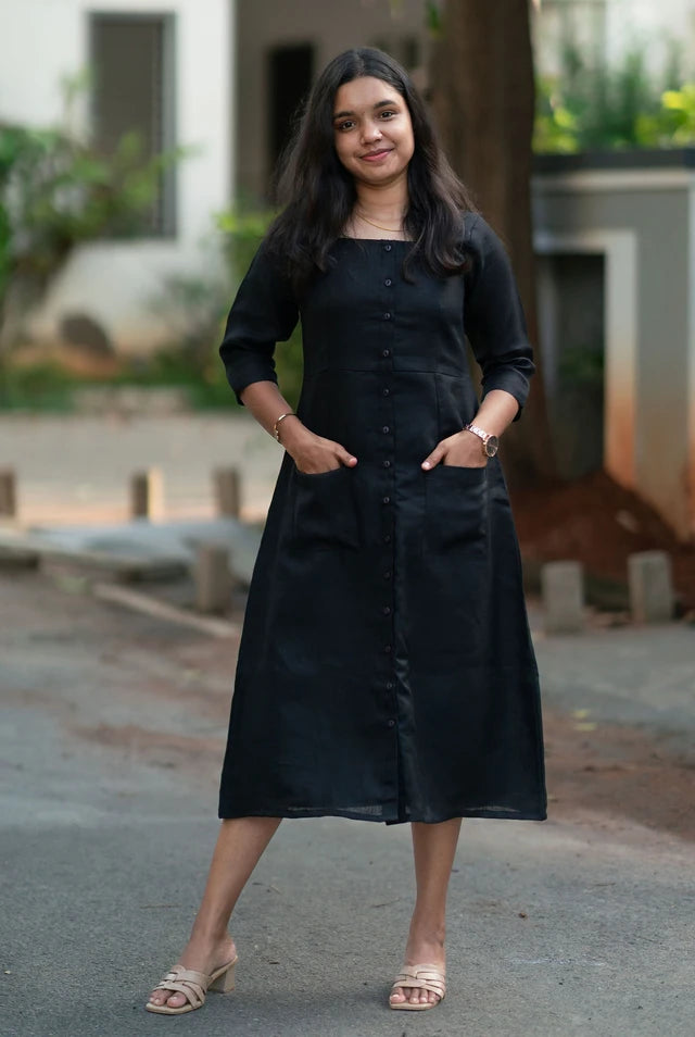 Black Front-Slit Casual Midi