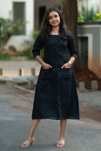 Black Front-Slit Casual Midi