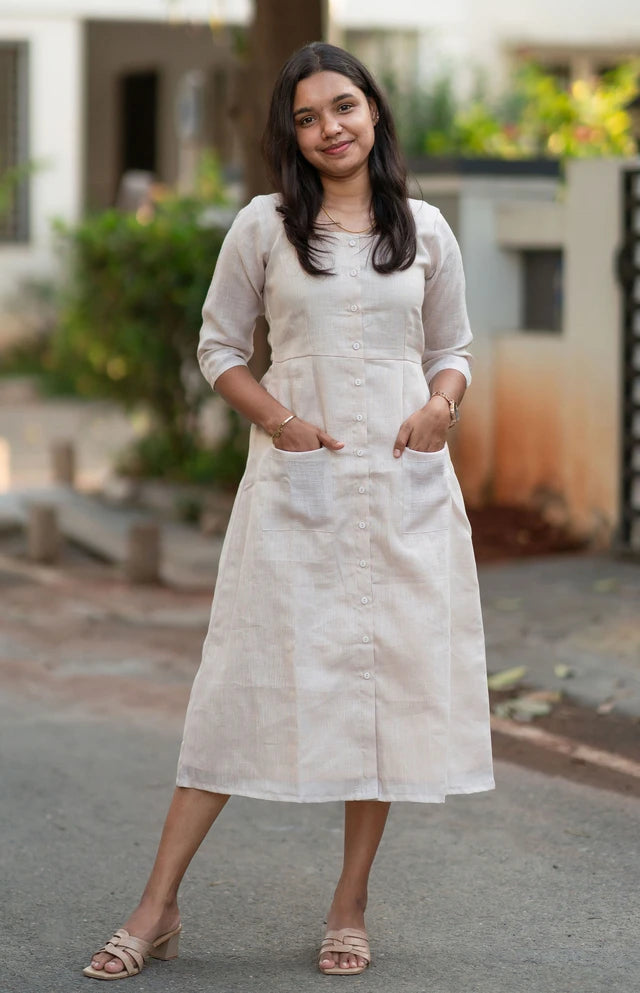 Cream Front-Slit Casual Midi