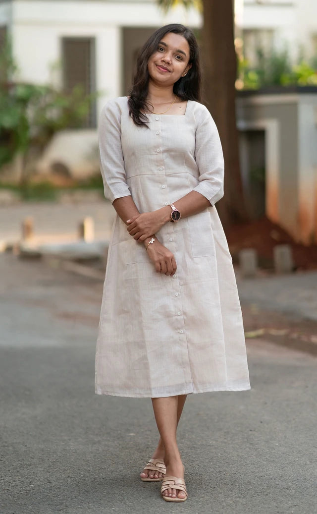 Cream Front-Slit Casual Midi