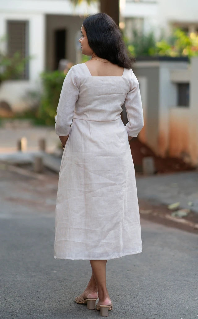 Cream Front-Slit Casual Midi